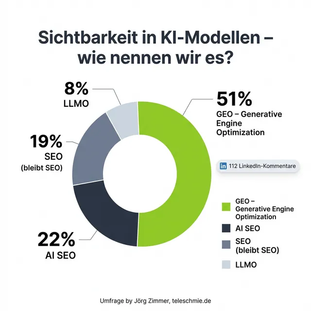 Donut-Chart: Sichtbarkeit in KI-Modellen – GEO 51%, AI SEO 22%, SEO 19%, LLMO 8%