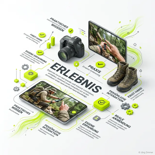 Experience (E-E-A-T) 3D Infografik - Reale Praxiserfahrung als KI-Bollwerk