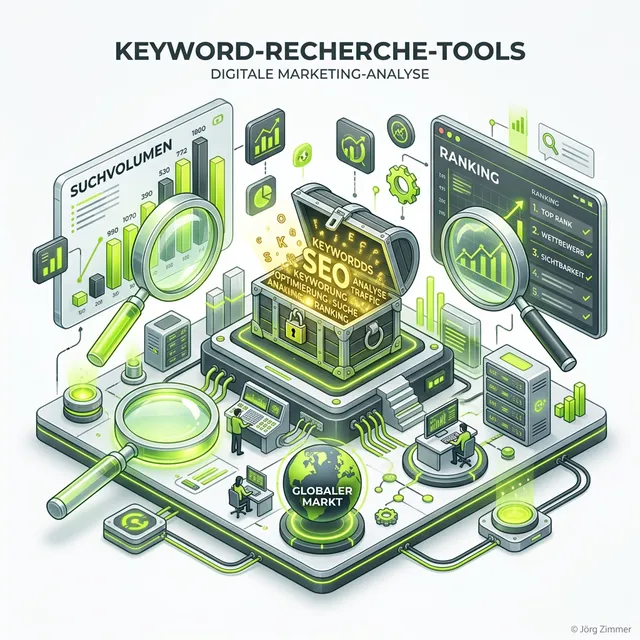 Keyword Tool 3D Infografik - Suchvolumen und Ranking Analyse
