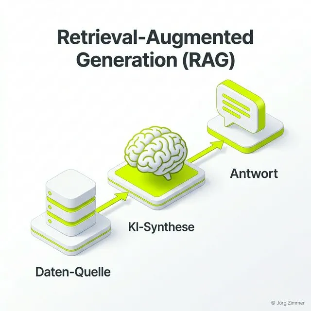 RAG 3D Infografik - Zusammenspiel von Datenquelle, KI-Synthese und Antwort