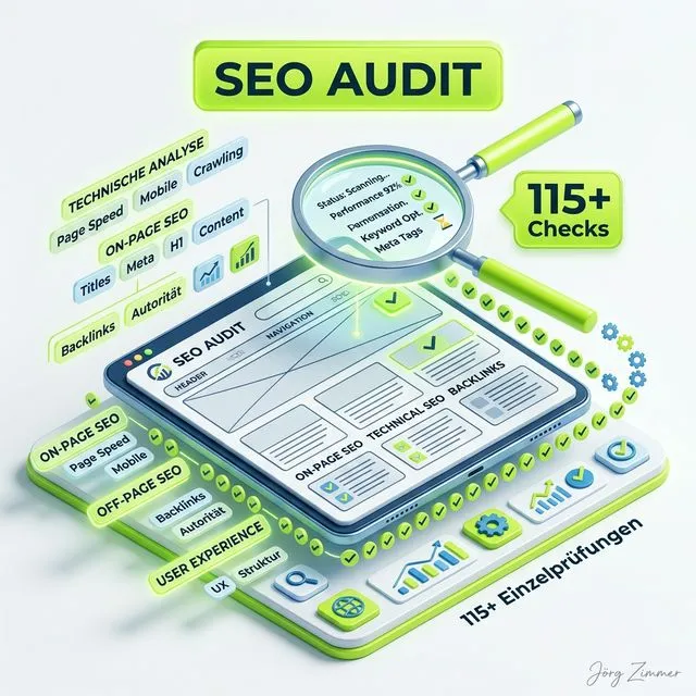 Website SEO Audit 3D Infografik - Technische Analyse und Gesundheit-Check