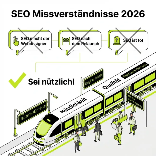 Infografik: SEO Missverständnisse 2026 – Die drei größten Mythen durchgestrichen